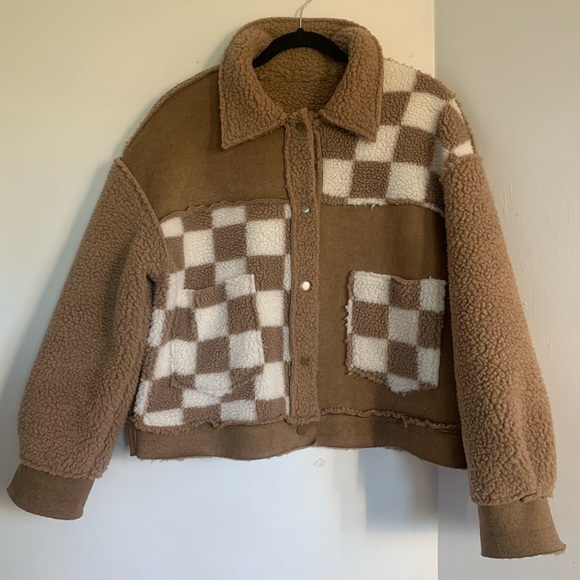 Miss Me Brown and White Checkered Cropped Button Up Sweater Jacket Size Small!! - Picture 9 of 15